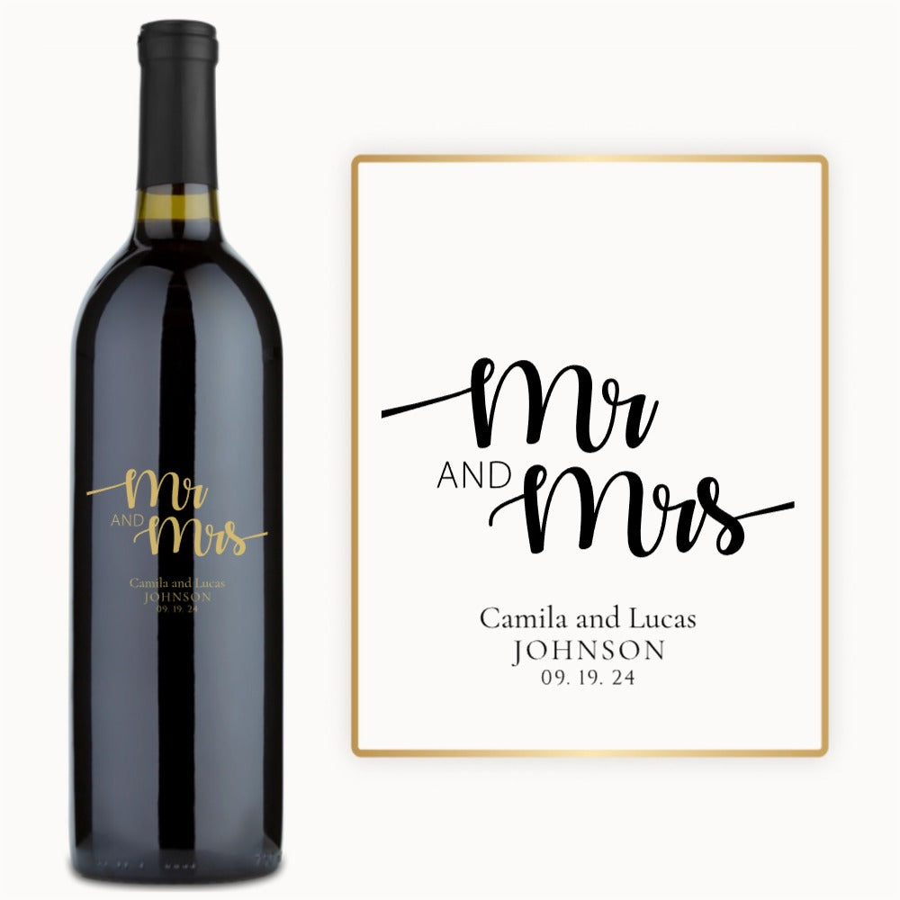 Black and gold engraved wine bottle with Mr & Mrs, names Camila & Lucas Johnson, and date 09.19.24 on the label.