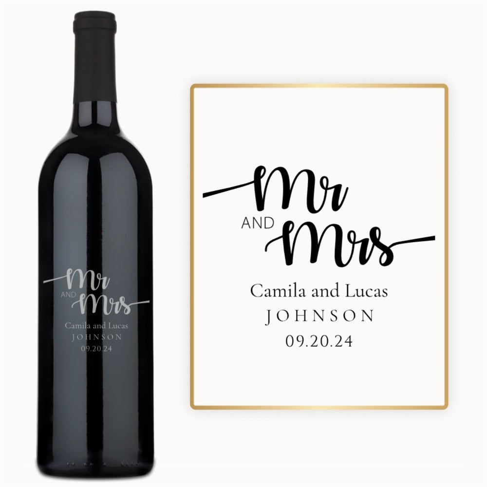 Engraved wedding wine bottle and sign reading Mr & Mrs Camila & Lucas Johnson 09.20.24.