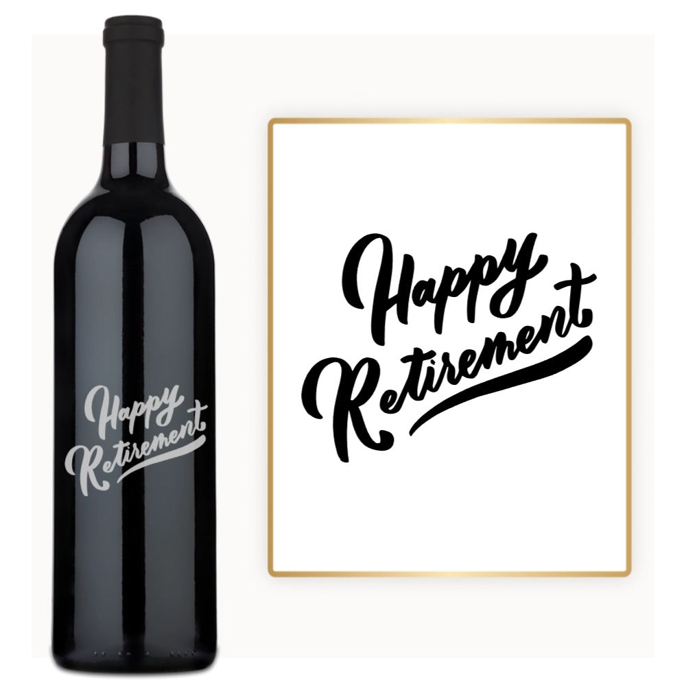 Engraved wine bottle and card, both featuring Happy Retirement in elegant script lettering.