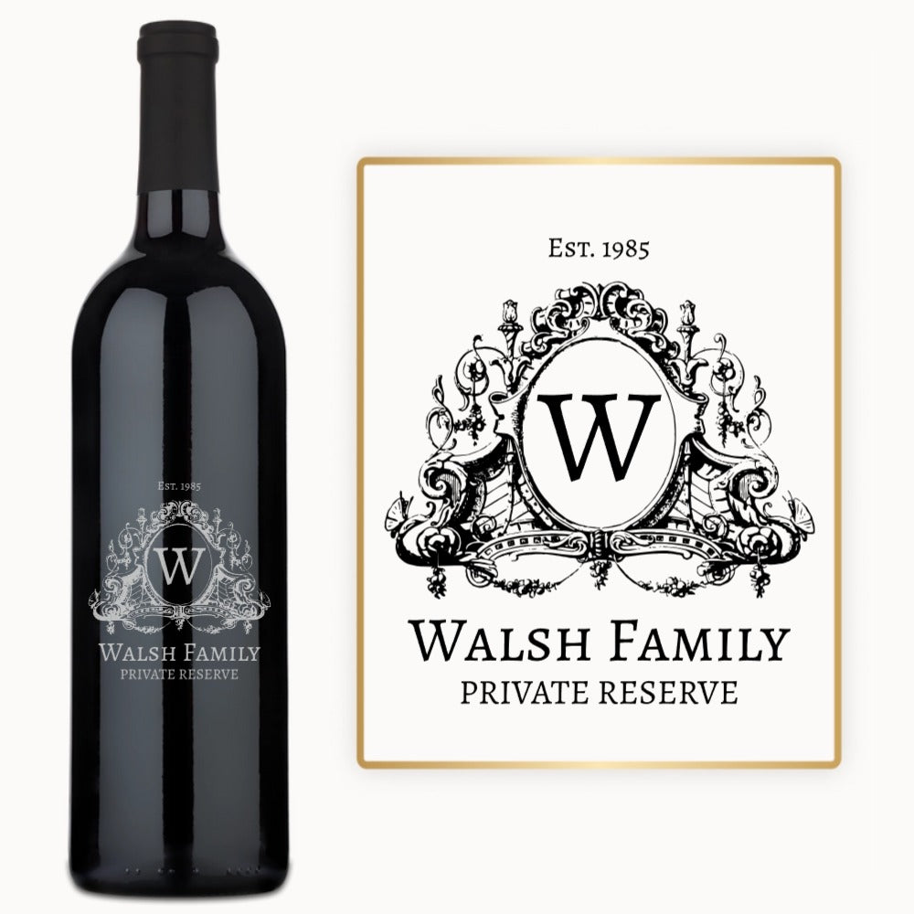 Engraved wine bottle with an ornate W monogram and Est. 1985 on the label.
