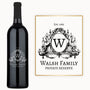 Engraved wine bottle with an ornate W monogram and Est. 1985 on the label.