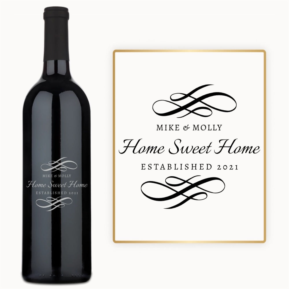 Custom wine bottle engraved with Mike & Molly, Est. 2021 and elegant decorative flourishes.