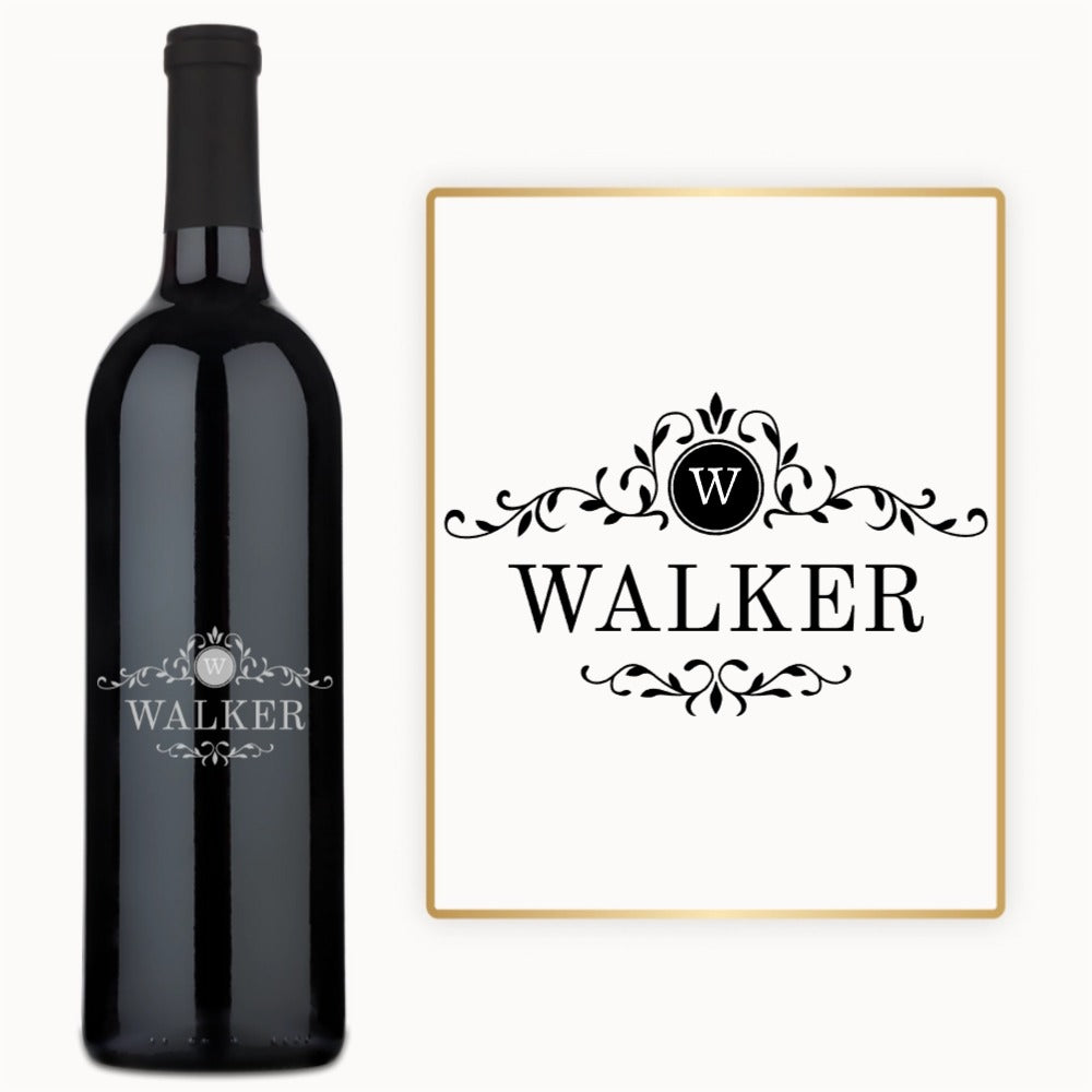 Custom wine bottle labeled Walker in ornate black decorative lettering.