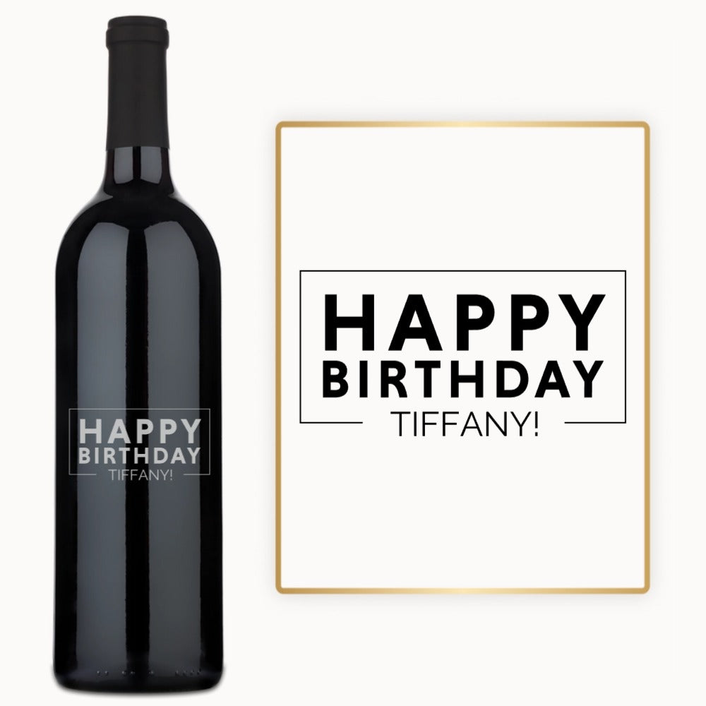 Custom engraved wine bottle and card, both labeled Happy Birthday Tiffany displayed together.