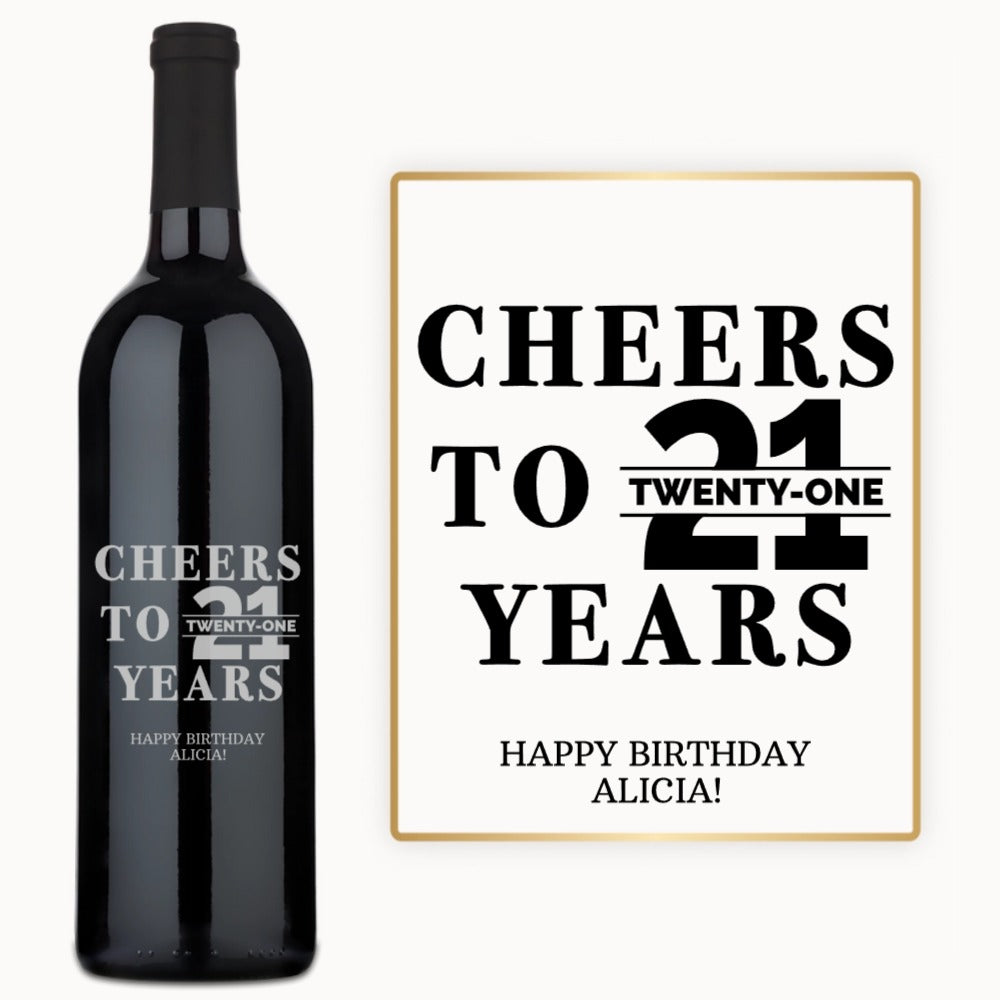 Custom engraved wine bottle and card with bold black Cheers to 21 birthday text.