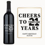 Custom engraved wine bottle and card with bold black Cheers to 21 birthday text.