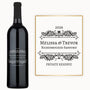 Bottle of Romance Reserve wine with an engraved label reading 2026 Melissa & Trevor Rickenbocker-Sanford.