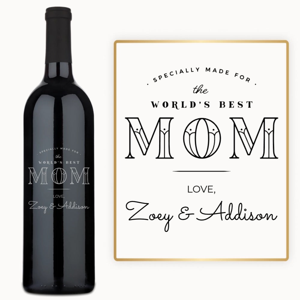 A wine bottle labeled World’s Best Mom with custom engraving, presented as a personalized gift.