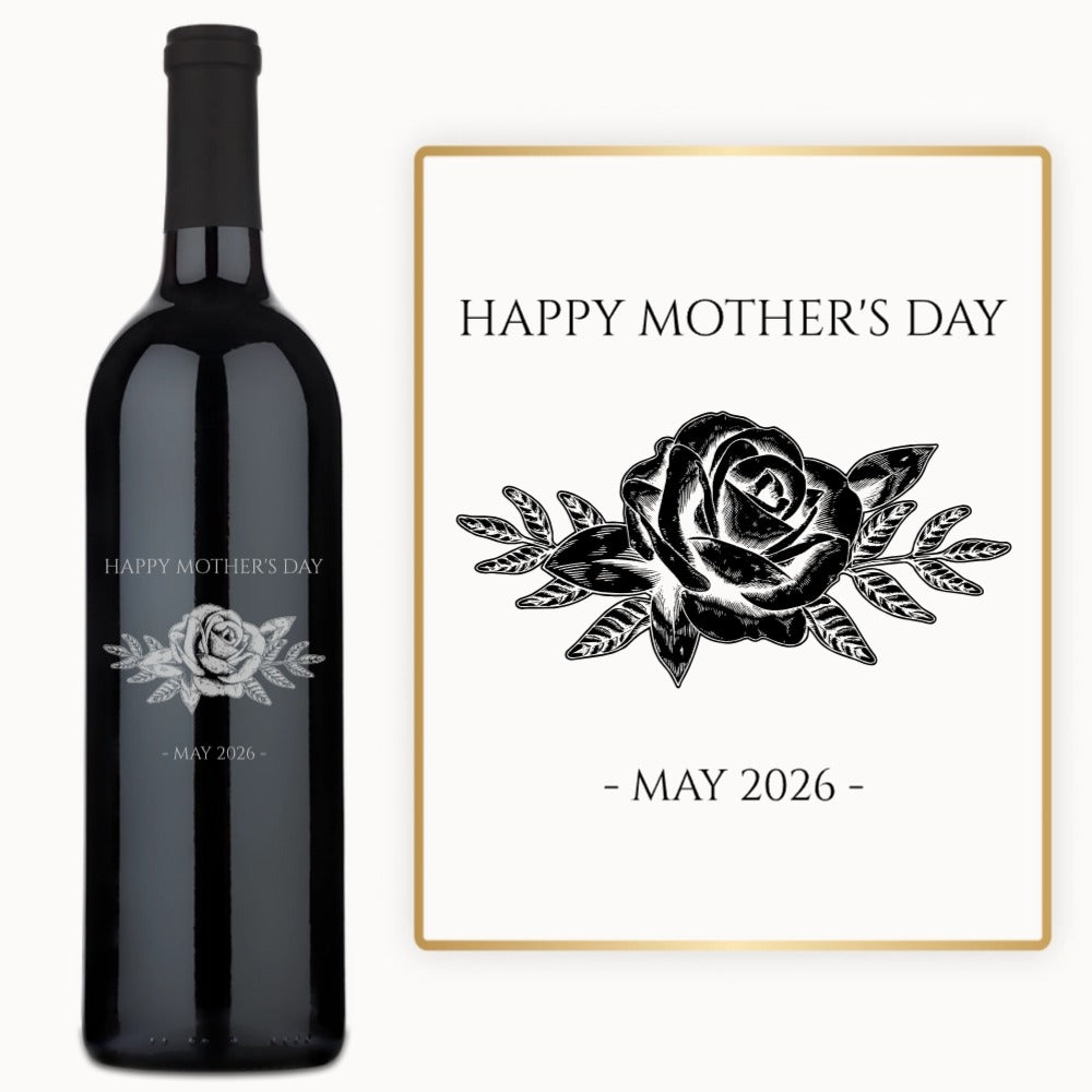 A bottle of rosé wine with an engraved rose illustration, a 2026 date, and a custom message on the label.
