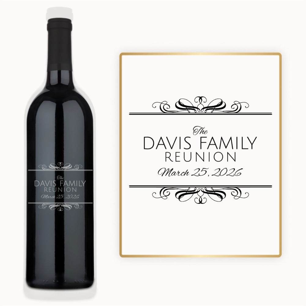 Engraved wine bottle in an elegant scroll frame reads The Davis Family Reunion, March 25, 2026.