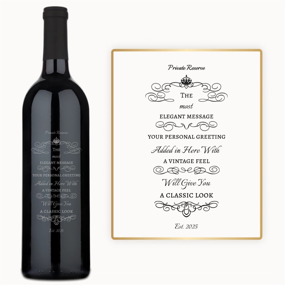 A wine bottle with a vintage-style label displaying elegant engraved text, shown beside a matching decorative card.