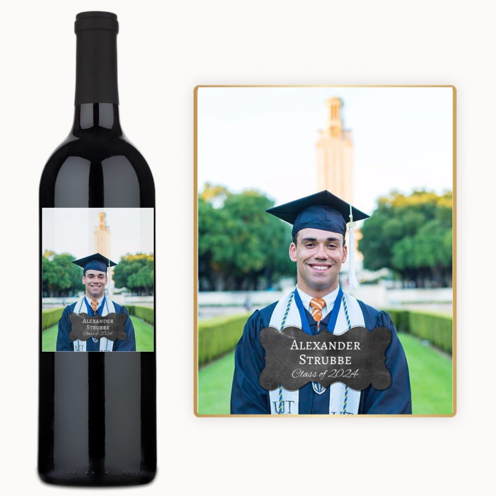 A wine bottle with a custom label featuring a graduate’s photo and graduation-themed design.