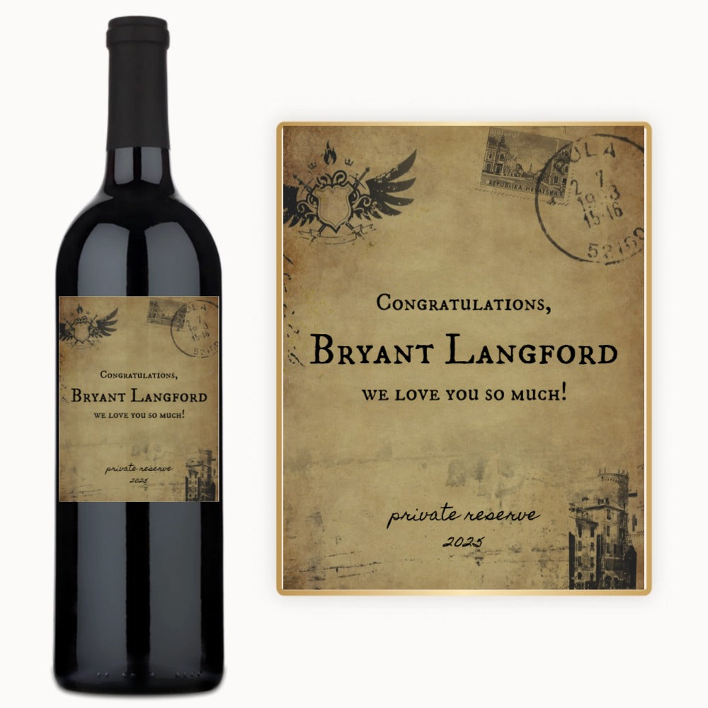 A wine bottle with a vintage-style label reading Congrats Bryant Langford, we love you Private reserve 2023.