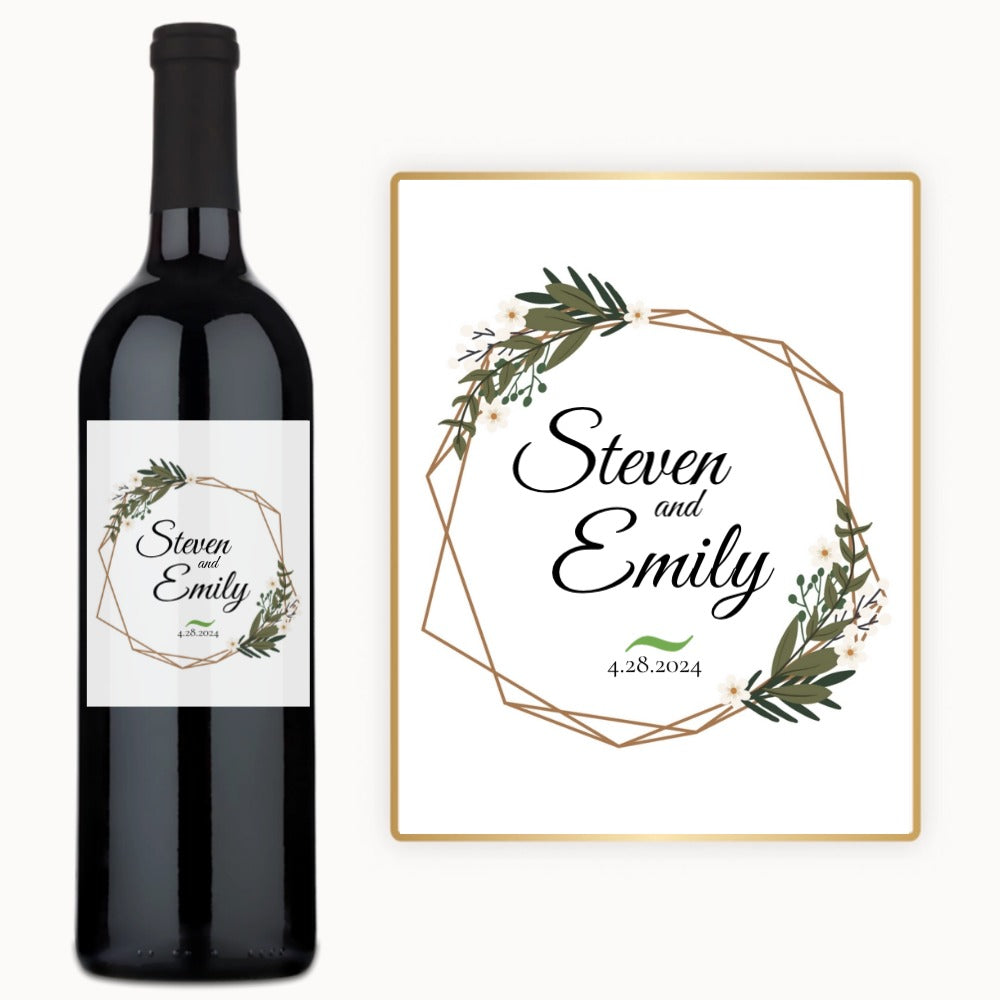 Wine bottle with a floral geometric label reading “Steven and Emily, 4.28.2024.”.