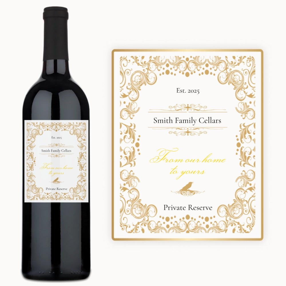 A bottle of red wine with a gold ornate custom label reading “Gold Reserve Estate.”.