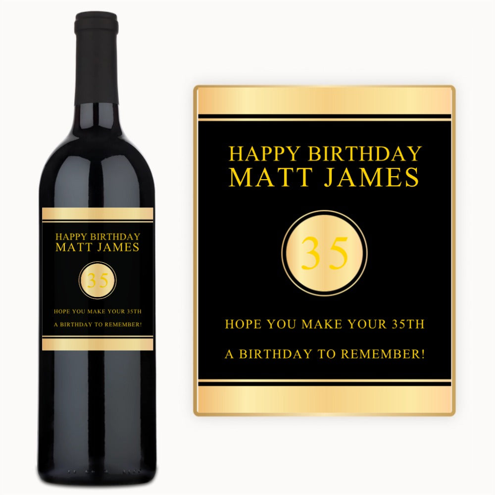 A wine bottle with a custom label reading: Happy Birthday Matt James, 35, A Birthday to Remember.