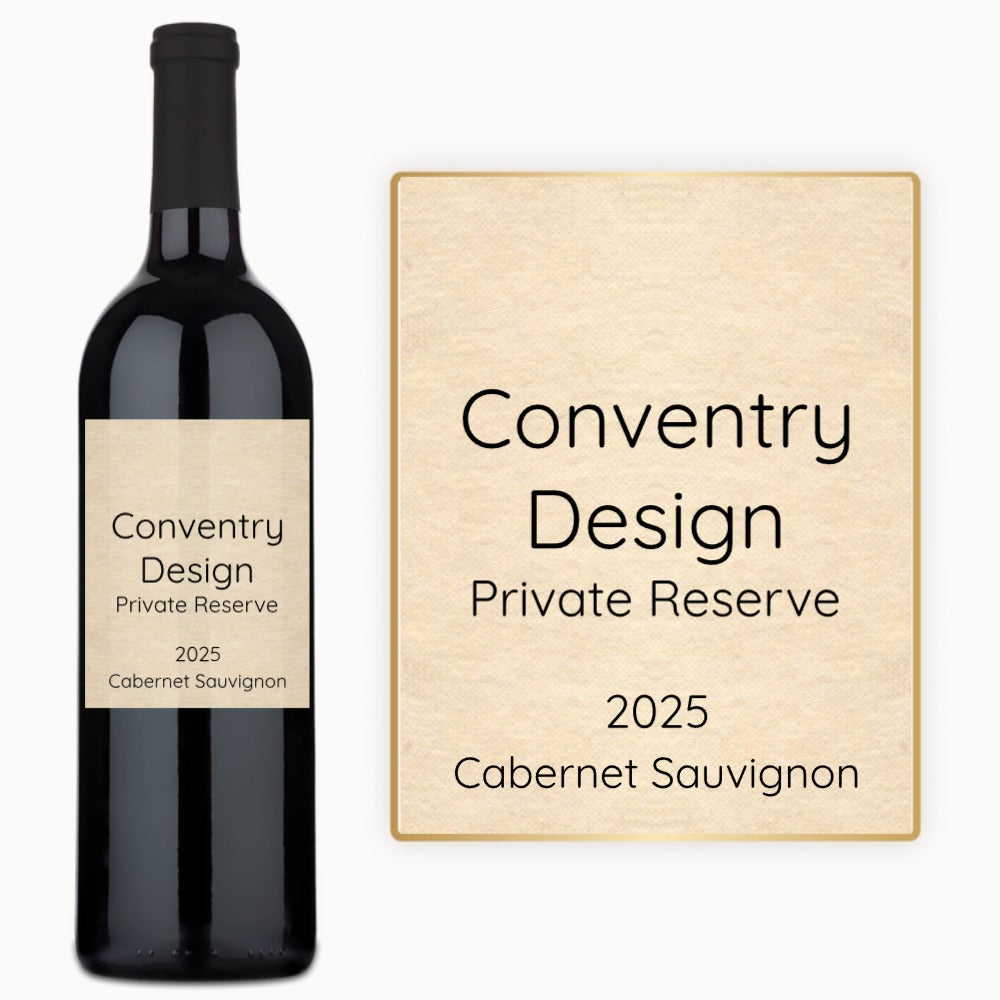 A wine bottle labeled Classic Text stands beside a close-up of its custom label.