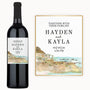 Custom wine bottle with watercolor coastal-themed label for Hayden & Kayla’s beach wedding, dated May 9, 2026.