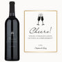 A custom-engraved wine bottle reads: Cheers Stacey—congrats Love, Stephanie & Larry.