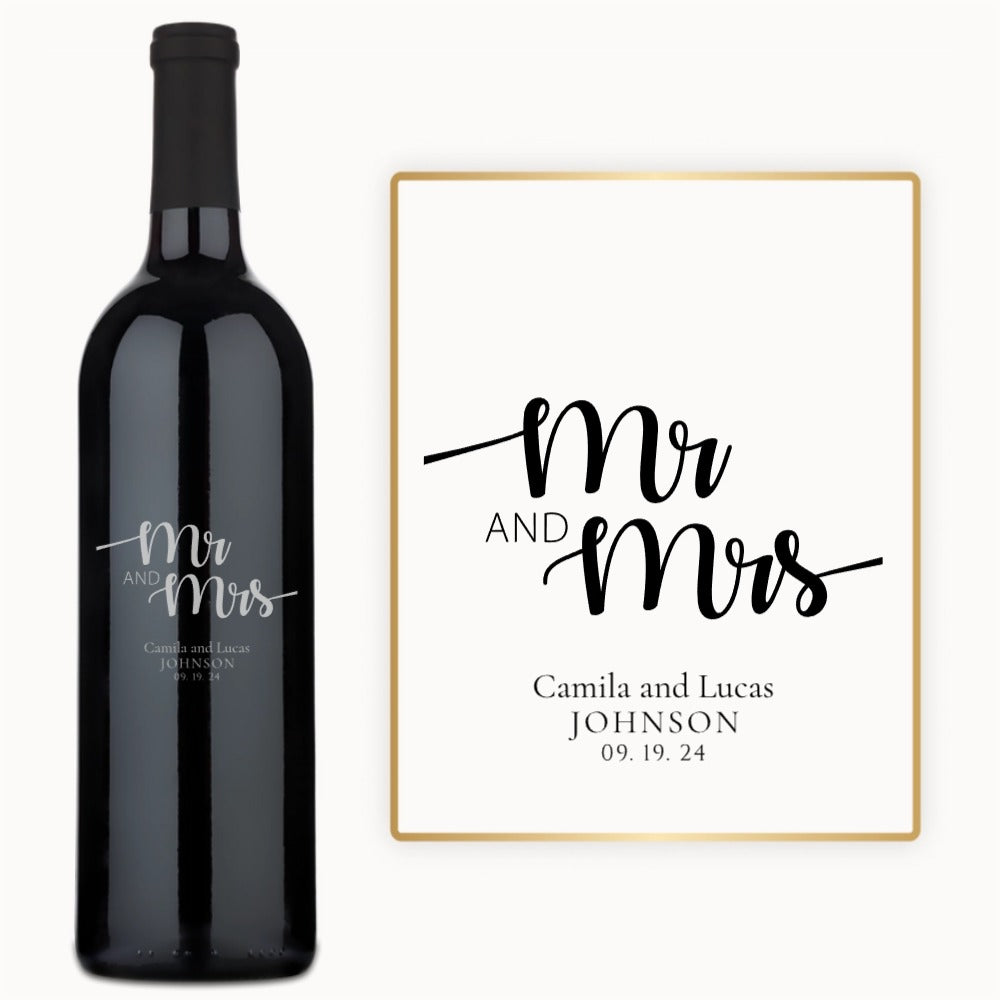 Custom engraved wine bottle reading Mr & Mrs, with Camila & Lucas Johnson and the date 09.19.24 shown on the label.