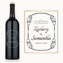 Bottle of wine with an Art Nouveau frame label, engraved with Zachary & Samantha, March 6, 2021, Engagement Celebration.