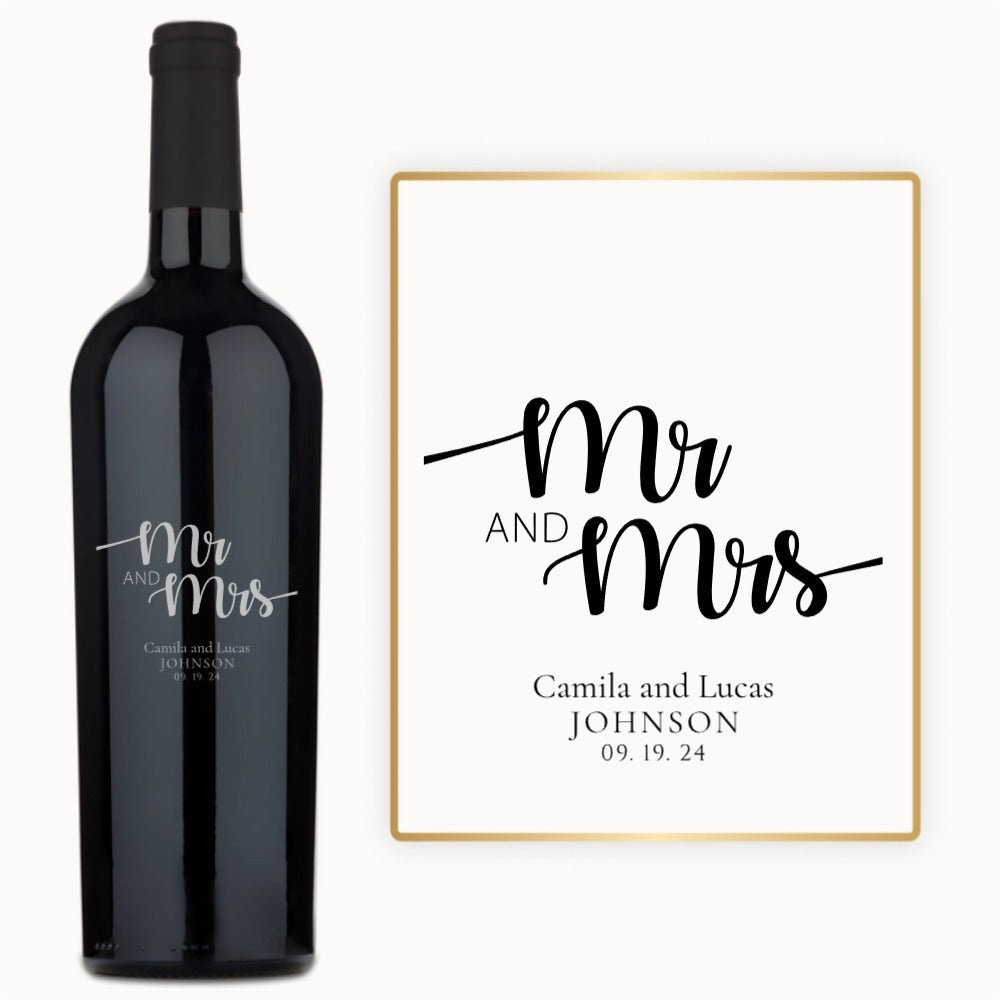 Custom-engraved wine bottle and card with Mr & Mrs in black script, presented as a wedding gift.