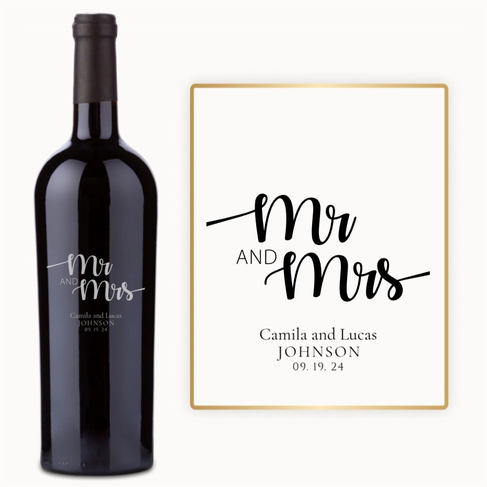A bottle of wine with a custom-engraved “Mr & Mrs” label and names Camila & Lucas Johnson, dated 09.19.24.