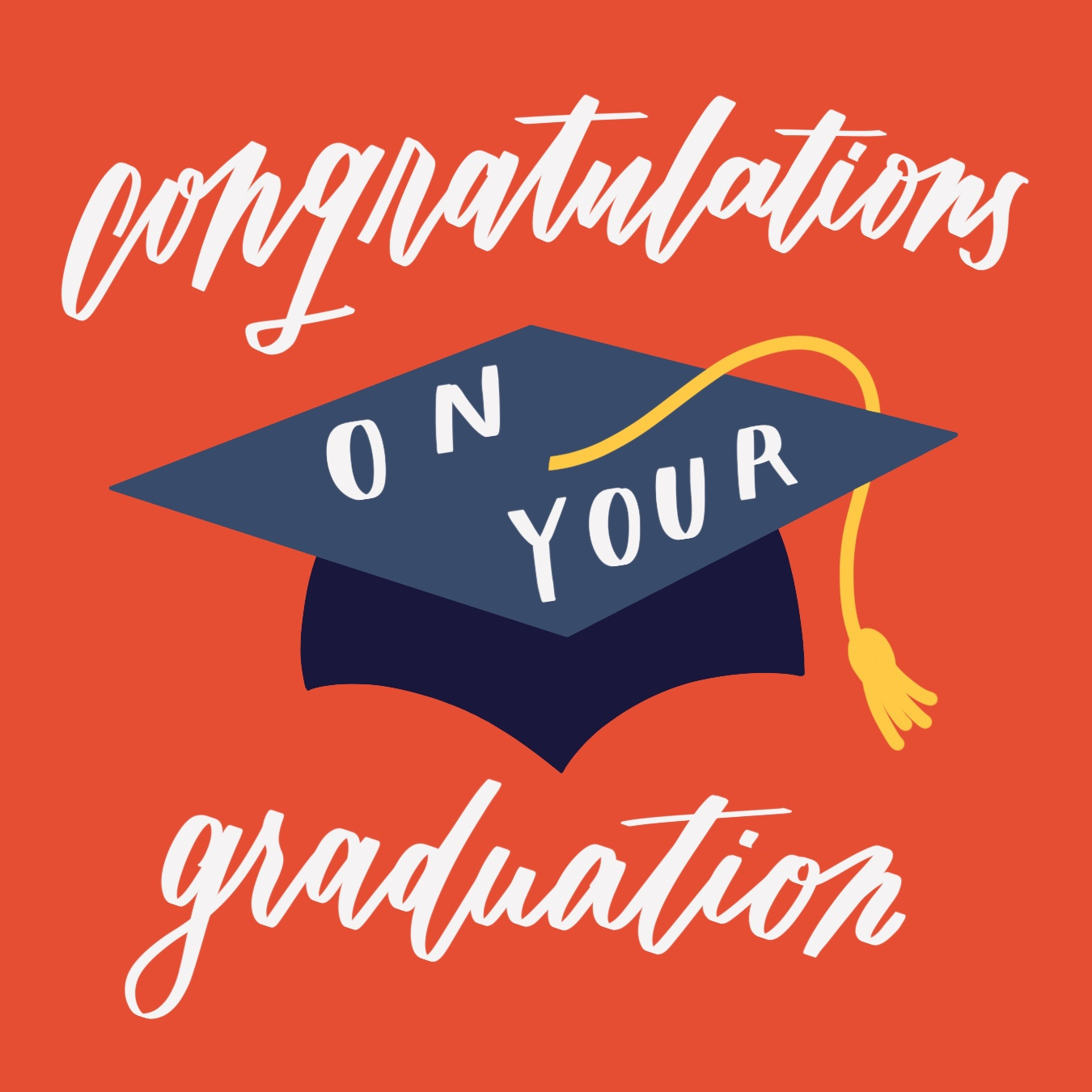 Graduation cap and bold text on an orange background.