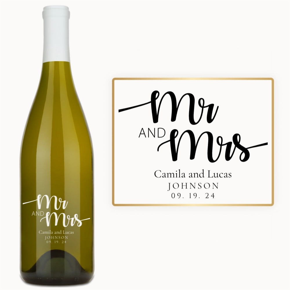 Custom engraved Mr & Mrs wine bottle for Camila & Lucas Johnson, dated 09.19.24, shown with a matching card.
