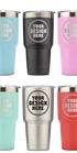 Six personalwine Custom Engraved 30 oz Tumblers, assorted colors, each with your circular logo for a personalized touch.