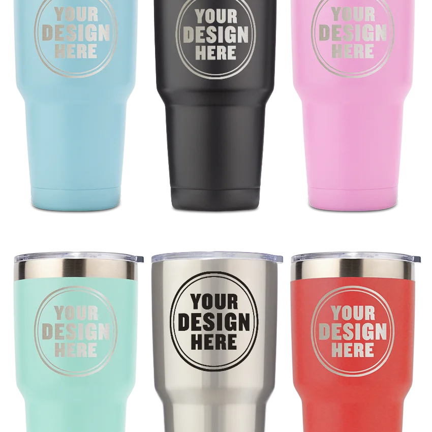 Six personalwine Custom Engraved 30 oz Tumblers, assorted colors, each with your circular logo for a personalized touch.