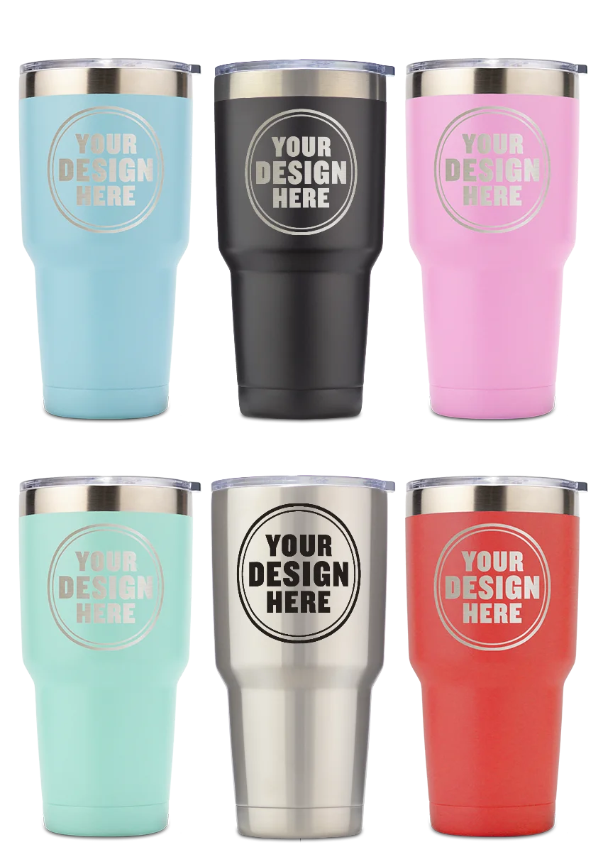 Six personalwine Custom Engraved 30 oz Tumblers, assorted colors, each with your circular logo for a personalized touch.