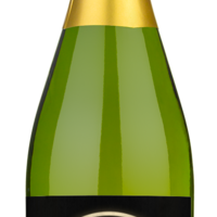 A bottle of Devi Blanc de Blancs with a gold foil top and a black label that says YOUR DESIGN HERE.