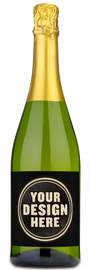 A bottle of Devi Blanc de Blancs with a gold foil top and a black label that says YOUR DESIGN HERE.