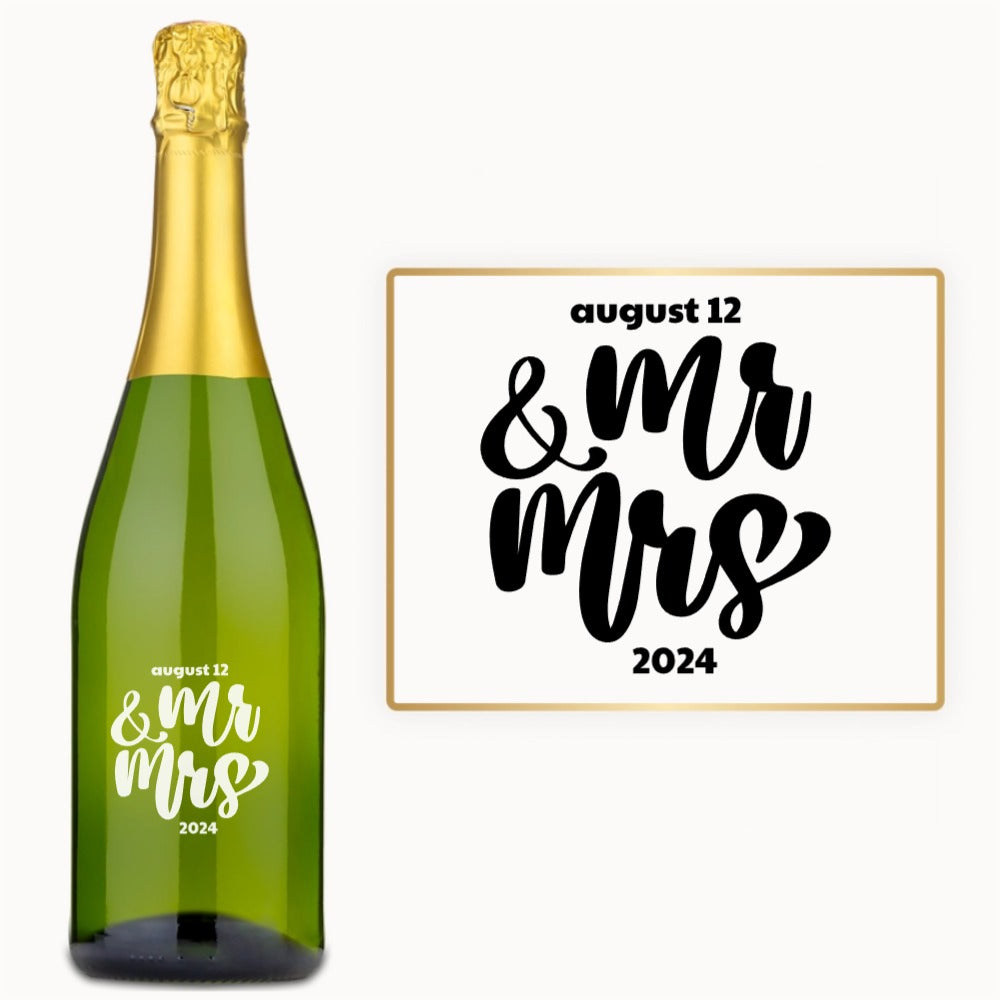 Custom wine bottle with August 12 & Mr Mrs 2024 engraved in bold script on the label.