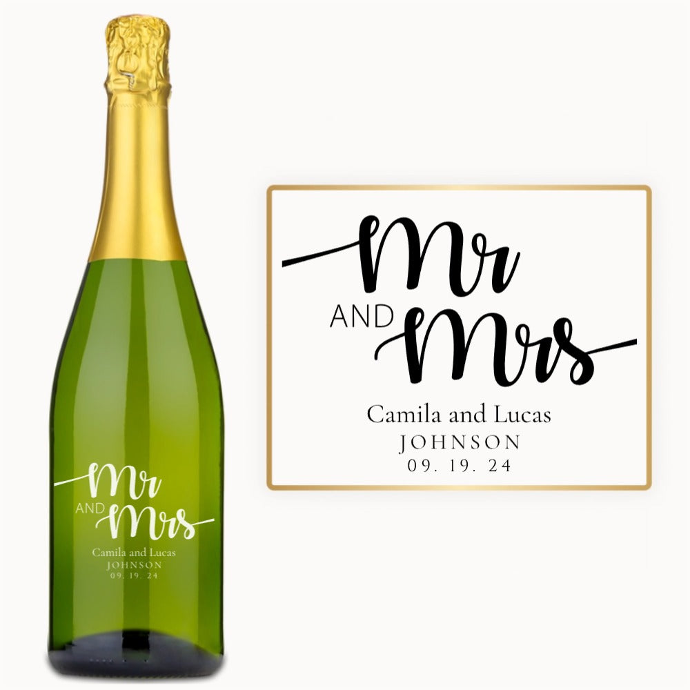 Custom wine bottle engraved with Mr & Mrs Camila & Lucas Johnson and the date 09.19.24.