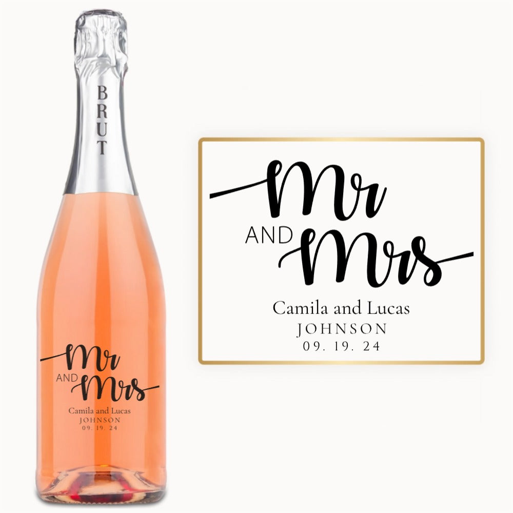Custom wine bottle engraved with Mr & Mrs and names Camila & Lucas Johnson, dated 09.19.24.