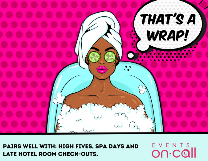 Woman relaxing in a bubble bath holding Devi Blanc de Blancs bottle, with Thats a Wrap sign visible.