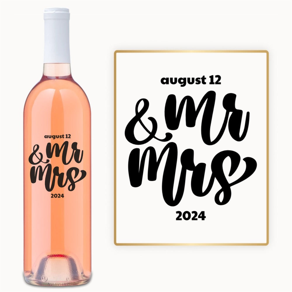 Custom wine bottle with August 12 & Mr Mrs 2024 engraved in bold black script.