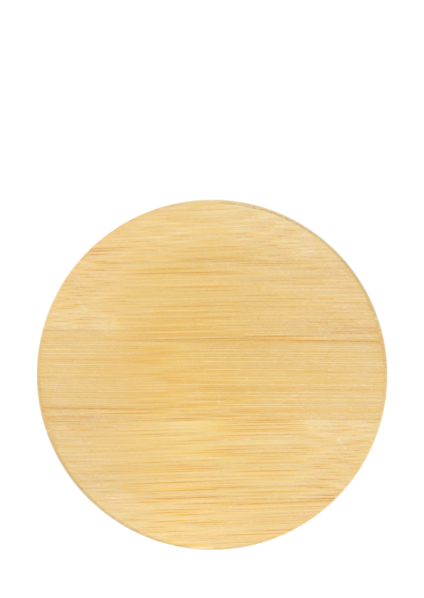 A round, light wood plate beside a personalwine Custom Engraved Bamboo Coaster Set on a plain white background.