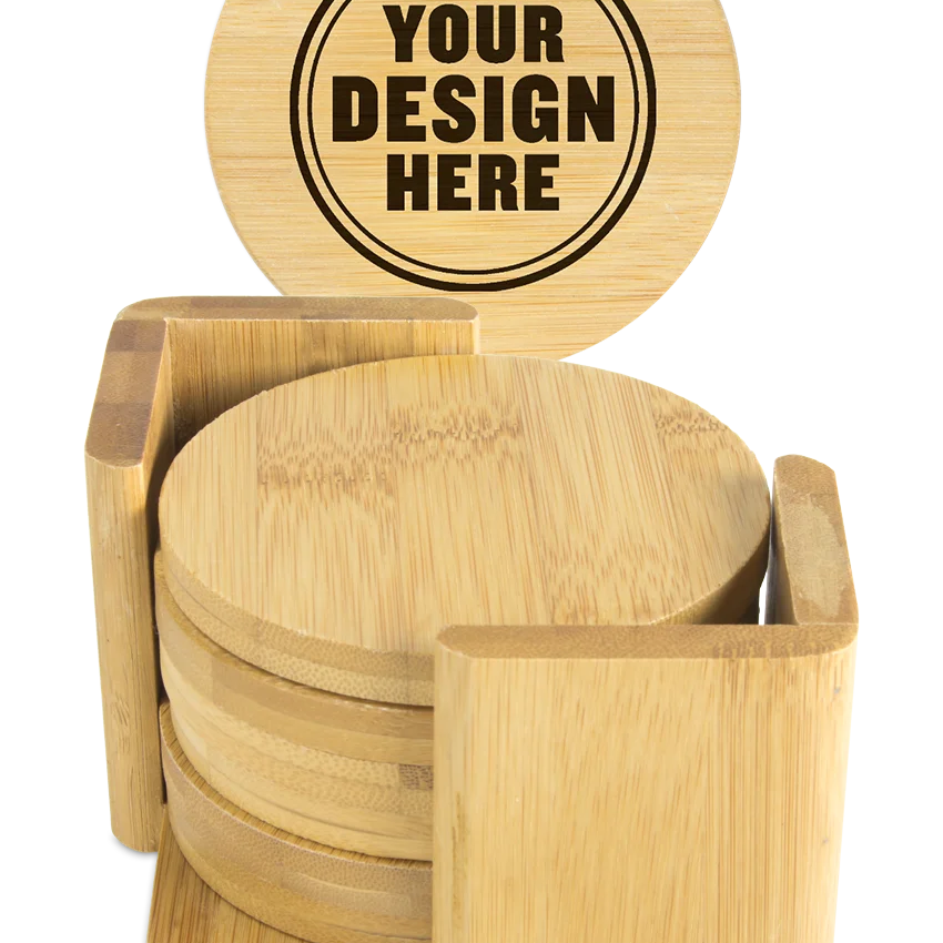 Custom Engraved Bamboo Coaster Set by personalwine comes in a holder, with one coaster featuring your custom design.