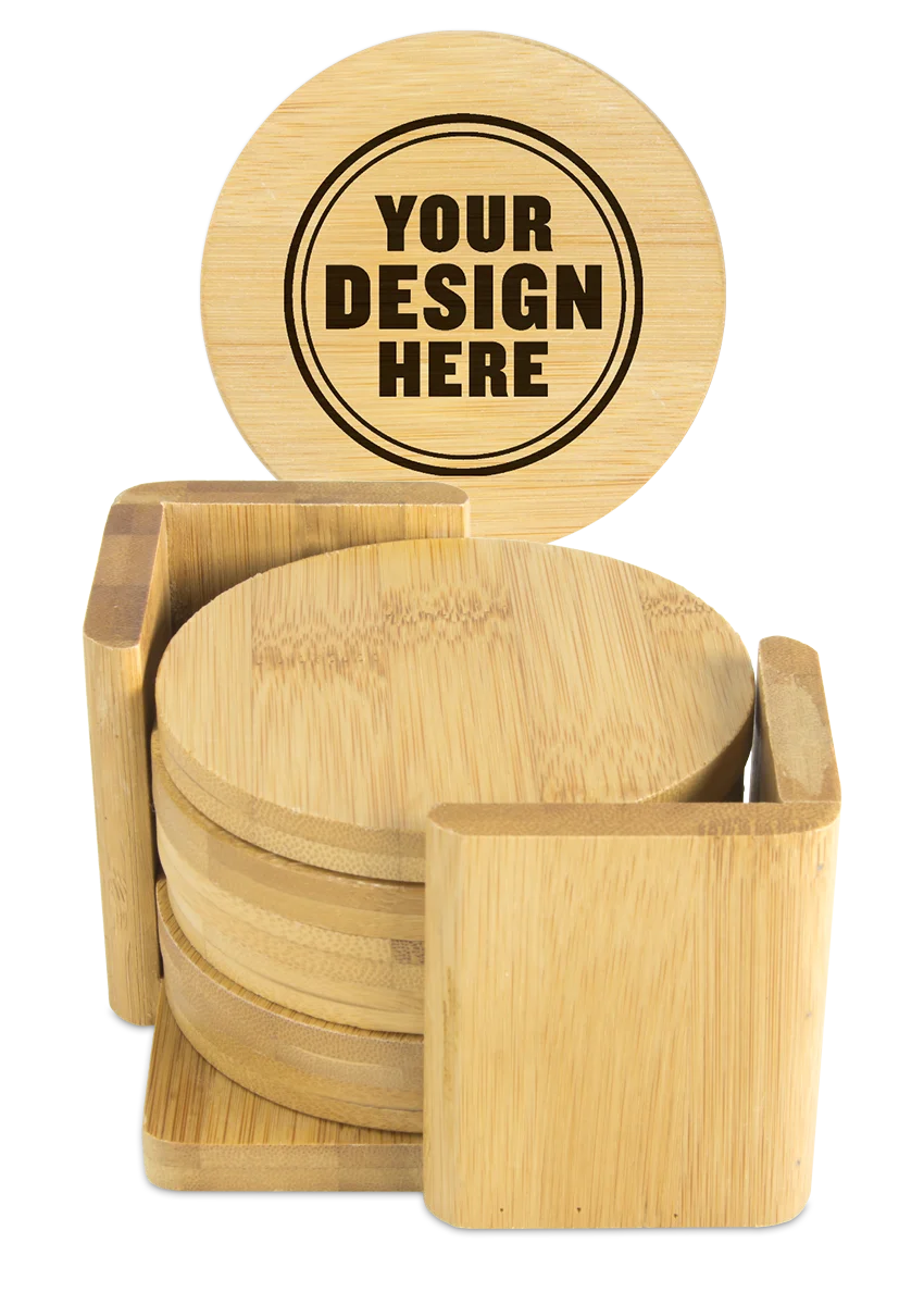 Custom Engraved Bamboo Coaster Set by personalwine comes in a holder, with one coaster featuring your custom design.