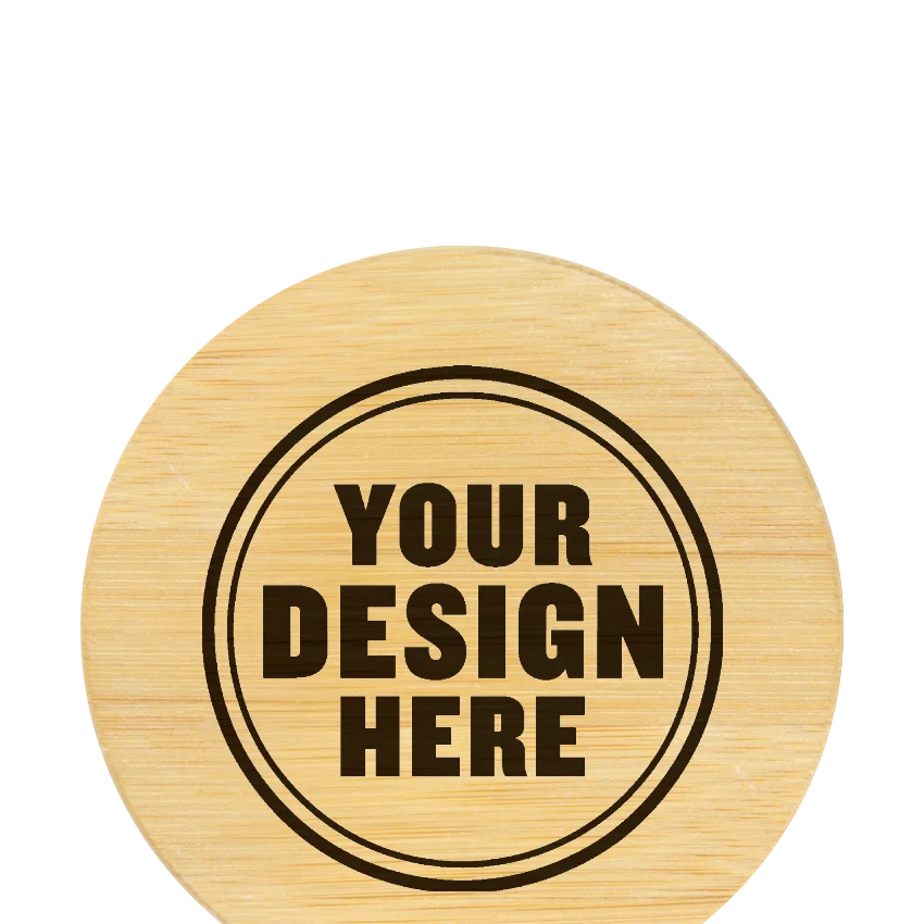 Personalwine Custom Engraved Bamboo Coaster Set, YOUR DESIGN HERE in bold black, in a double circle.