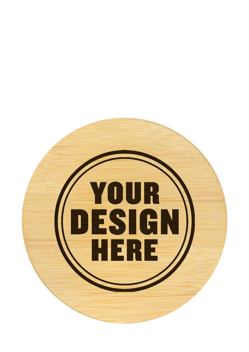 Personalwine Custom Engraved Bamboo Coaster Set, YOUR DESIGN HERE in bold black, in a double circle.