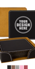 Personalwine Custom Engraved Coaster Set (6) in holder, black leather, top coaster reads Your Design Here.