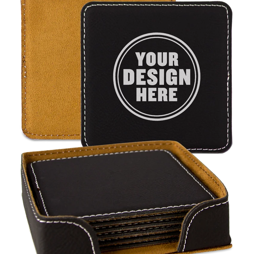 Personalwine Custom Engraved Coaster Set (6) in holder, black leather, top coaster reads Your Design Here.