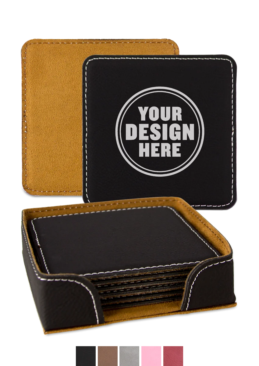 Personalwine Custom Engraved Coaster Set (6) in holder, black leather, top coaster reads Your Design Here.