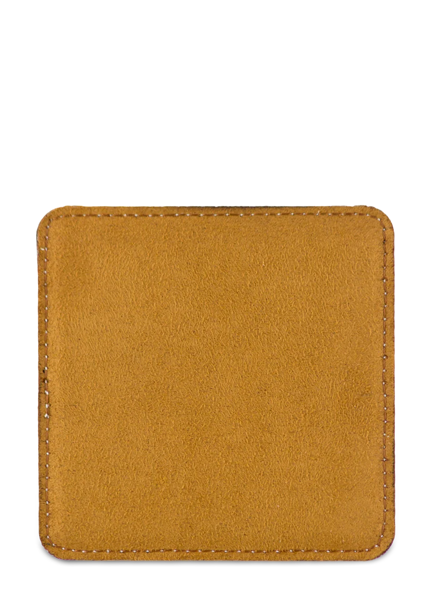 Personalwine Custom Engraved Coaster Set (6) with Holder—brown suede, visible stitching, ideal for personalization.