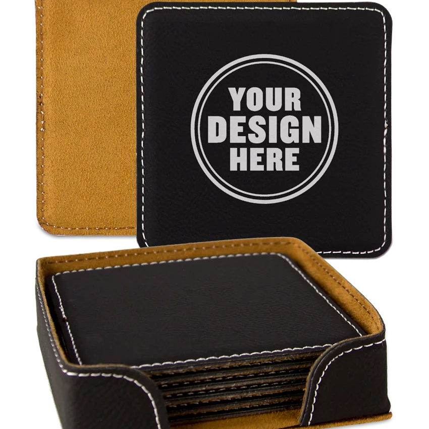 Personalwine Custom Engraved Coaster Set of 6 with Holder—add your design for a personalized touch.