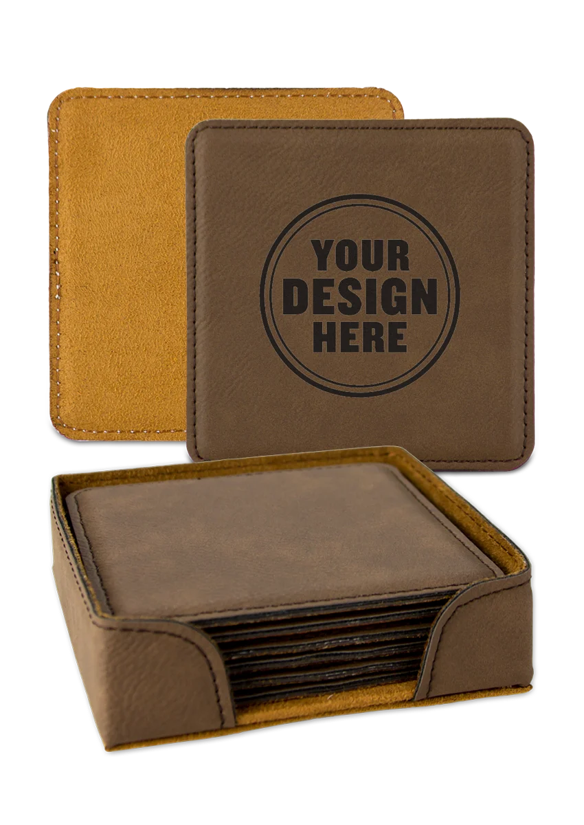 Personalwine Custom Engraved Coaster Set (6pcs + holder); one coaster shows “Your Design Here” in black.
